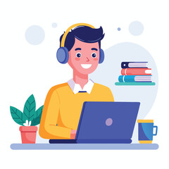 man in headphones, studying at laptop. Happy female student watching business webinar. Video conference call, remote work communication. Flat vector illustration isolated on white background