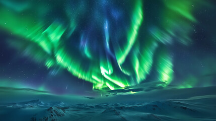 Fototapeta premium Vibrant ribbons of Northern Lights weaving through a star-studded Arctic sky