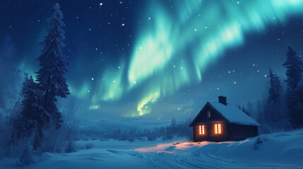 Naklejka premium The Northern Lights appearing as soft curtains of light above a wooden cabin in a snowy landscape