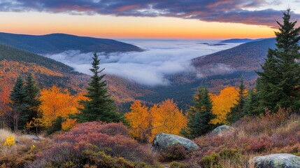 Autumn Mountain Landscape Sunrise Over Fog Valley