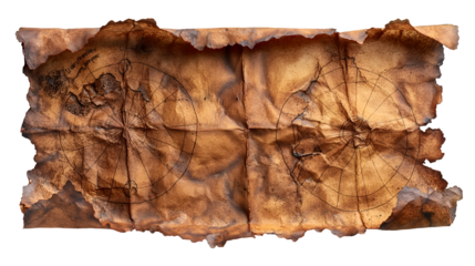 Ancient Treasure Map Aged Parchment, Vintage Design for Historical Themes, isolated on transparent background.