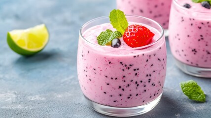 A refreshing pink smoothie topped with mint and strawberries, served in a clear glass beside a lime wedge on a textured blue background.