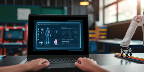 Fototapeta premium Medical science technology and futuristic healthcare virtual computer software analyze human health and diagnose disease for doctor data and medical research. brisk