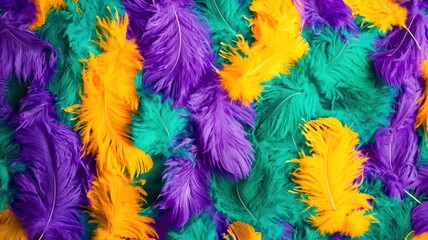 Colorful feathers in purple, green, and yellow create a vibrant, festive background, ideal for celebrations and decorations, Mardi gras