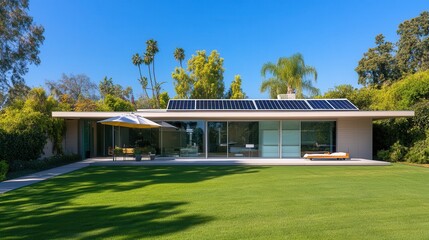 Fototapeta premium Modern home with solar panels and lush green lawn, featuring contemporary architecture and eco-friendly design in a sunny landscape.