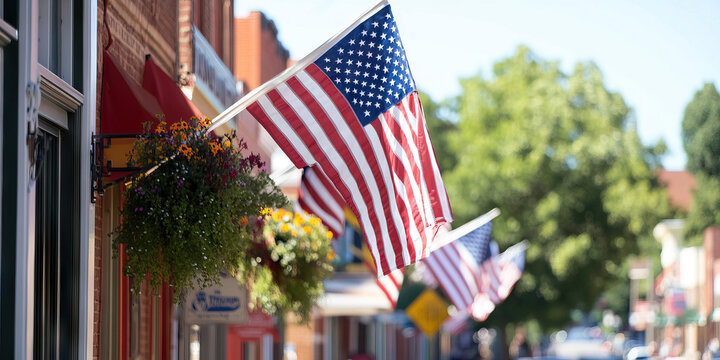 American Flags Displayed on a City Street - Powered by Adobe