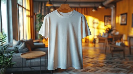 Fototapeta premium A plain white t-shirt hanging in a cozy, sunlit living room with modern decor and plants