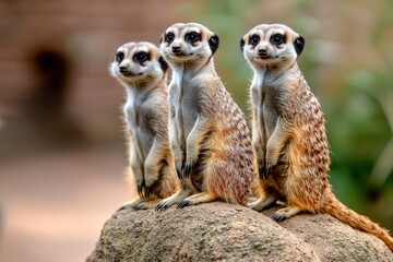 Fototapeta premium Curious meerkats on a rock wildlife safari animal photography natural habitat close-up view playful exploration
