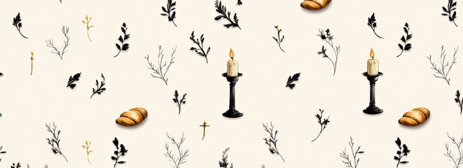 religious gift wrap, a chic gift wrap with minimalist sketched chalices, candles, and bread on a beige background, perfect for formal religious events