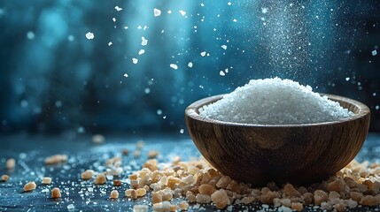 Close up shot of a sleek modern sea salt grinder with a few falling salt flakes on a pristine minimalist white surface  The image has a clean