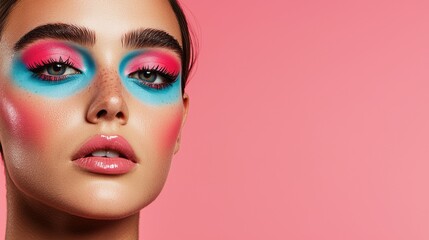 A striking makeup look featuring vibrant blue and pink eye shadow against a soft pink background, highlighting the model's features and contemporary style.