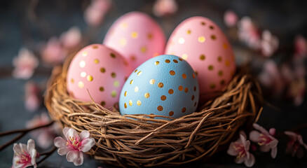 A nest of pink Easter eggs and pink flowers. An Easter card.