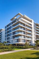 Modern luxury apartment building with spacious balconies and landscaped garden, ideal for real estate marketing and property investment visuals.