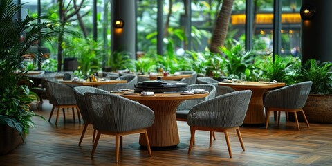 Stylish restaurant interior with natural lighting and green foliage creating a relaxing dining atmosphere