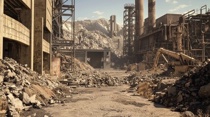 Fototapeta premium Barren Industrial Yard with Ruins and Mountains in Background