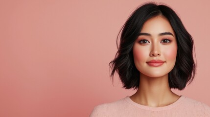 Fototapeta premium A woman with a stylish bob haircut poses against a pink background, showcasing a natural makeup look and a soft, confident expression.