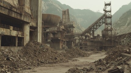 Barren Industrial Yard with Machinery and Mountain Background