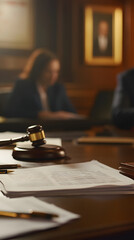Close-up of a professional lawyer holding a court gavel and reading a document on a table in an office
