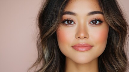 Obraz premium A close-up portrait of a woman with soft makeup, featuring natural tones, highlighting her radiant skin and expressive eyes against a neutral background.