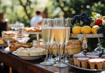Elegant outdoor celebration with sparkling wine glasses, delicious desserts, fresh fruits, and a beautifully arranged buffet table in a garden setting