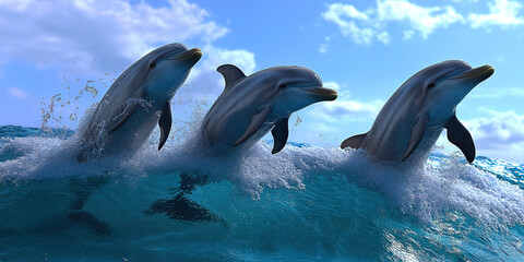 Obraz premium Three Bottlenose Dolphins Leaping from Ocean Waves