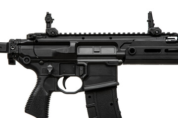 A close-up of a black airsoft replica of an automatic AR-style carbine, featuring a compact design,...