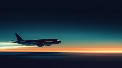 Airplane flying low over ocean sunset; travel, journey concept