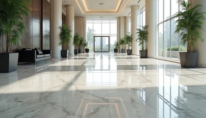 Luxury office building lobby interior with shiny marble floor. Contemporary corporate hall design with column. Spacious light commercial space with green plants, sofa, windows. Cleanliness, pro