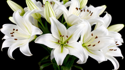 Fototapeta premium Close-up of white lilies in full bloom, representing natural beauty, elegance, purity, and floral design in nature and decoration settings.