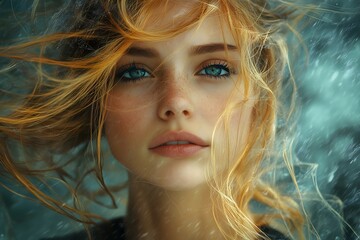Naklejka premium Woman with windswept hair against stormy sky