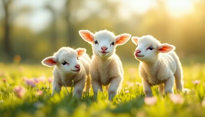 Fototapeta premium Three_Lambs_Spring_Meadow_Cute_Animals or Lambs_in_Field_Baby_Sheep_Springtime or Adorable_Lambs_Green_Grass_Sunny_Day or Three_Baby_Lambs_Cute_Animal_Photography