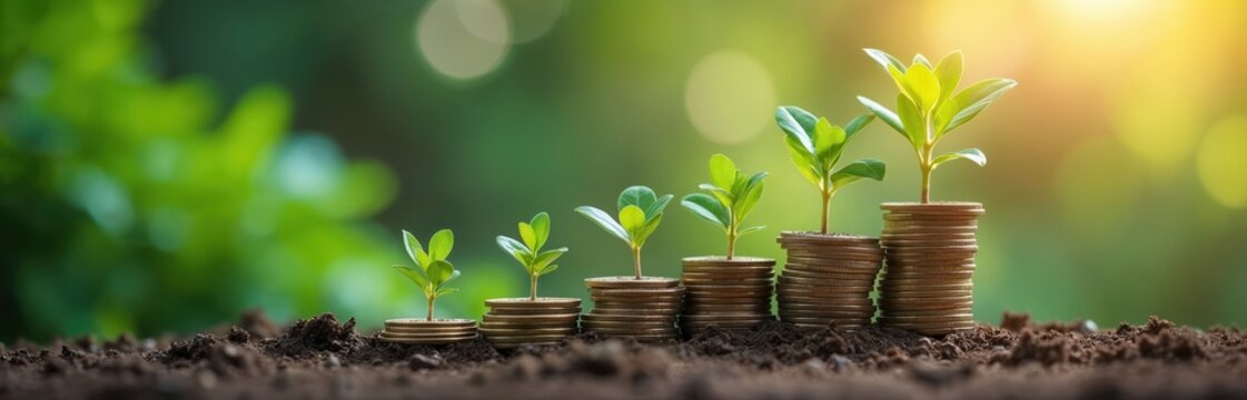 Stacks of coins in ground, sprout. Business environment investment financial growth metaphor. Economic policies foster endowment, support potential stimulus, donation present subsidy development