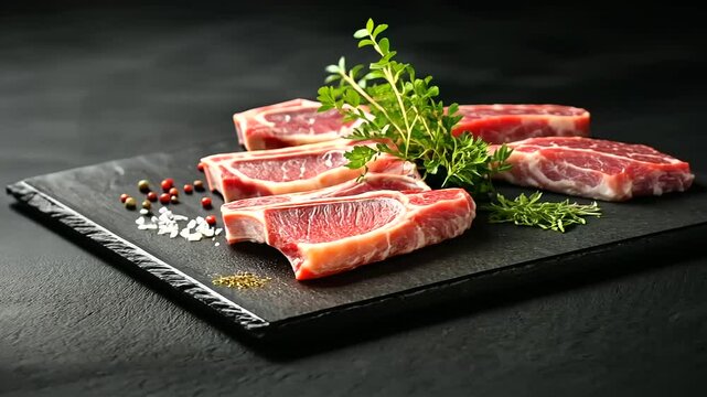 A gourmet-style presentation of lamb chops and mutton ribs, artfully laid out on a black slate platter. The raw cuts are garnished with fresh thyme, coarse salt, and chili flakes,