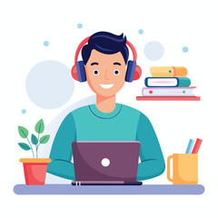 man in headphones, studying at laptop. Happy female student watching business webinar. Video conference call, remote work communication. Flat vector illustration isolated on white background