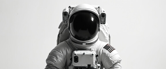 Monochrome close-up of astronaut in suit with helmet. American flag on the shoulder. Space man explores cosmos, future mission concept. Outer space discovery and interstellar adventure.