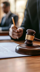 Close-up of a professional lawyer holding a court gavel and reading a document on a table in an office
