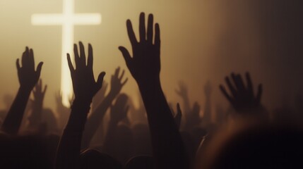 People Worshiping in Church with Uplifted Hands and a Cross Backdrop During a Spiritual Gathering and Religious Ceremony
