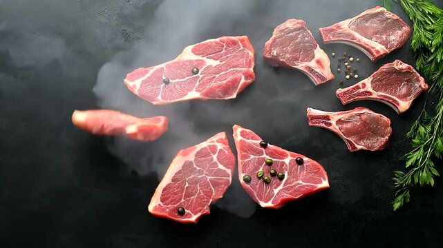 A minimalistic and refined image of raw lamb chops and fresh mutton ribs, delicately placed on a matte black surface with a subtle sheen.