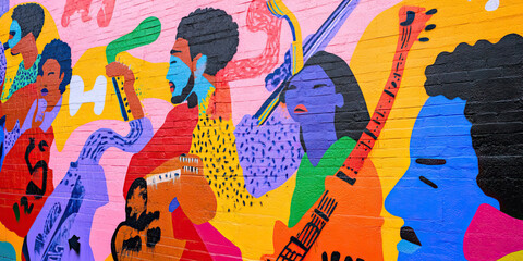 Abstract Mural of Musicians Playing Instruments on Brick Wall