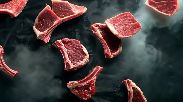 A minimalistic and refined image of raw lamb chops and fresh mutton ribs, delicately placed on a matte black surface with a subtle sheen.
