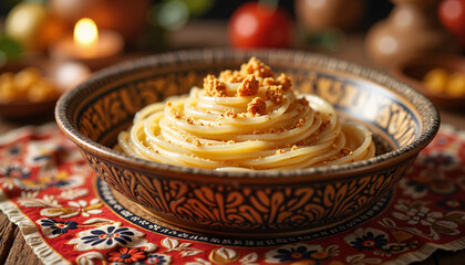 Fototapeta premium Traditional pasta dish in ornate bowl on decorative tablecloth, culinary art, Nowruz