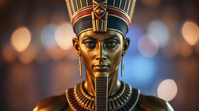 Amun Ra statue made of gold. Famous Egyptian god monument made from golden material