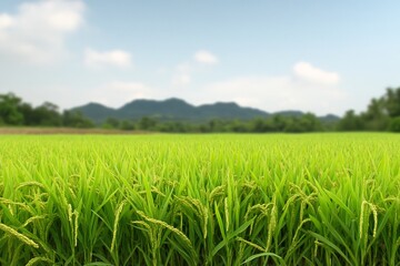 Obraz premium lush green rice fields under bright sky, natural landscape