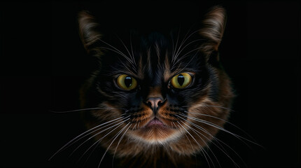 Mad cat portrait. Upset brown feline on black background