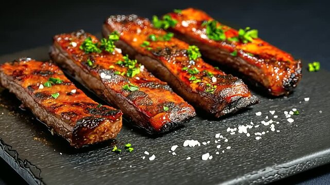 Lamb ribs and mutton cutlets arranged in a semi-circle on a rough, black slate board, their rich red hues enhanced by dramatic lighting. A sprinkle of coarse sea salt and fresh par