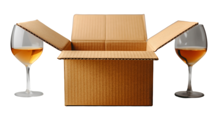 Cardboard Box with Wine Glasses Elegant Delivery Concept, Rose Wine for Drink Themes, isolated on transparent background.