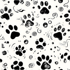 Fototapeta premium black and white seamless pattern with footprints, Seamless Pattern Of Black Paw Prints On Off-White Background