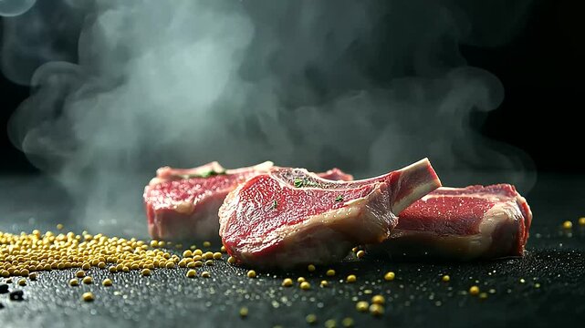 Raw lamb chops and fresh mutton cutlets placed on a textured dark surface, complemented by a scattering of mustard seeds and dried herbs. A soft side-light emphasizes the juicy, te