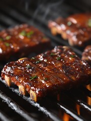 Mouthwatering grilled ribs glistening with barbecue sauce on a sizzling grill creating a smoky aroma delicious food photography