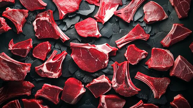 A dark, moody top-view image featuring raw lamb chops and mutton ribs styled with a touch of gourmet elegance. The background fades into blackness, drawing attention to the intrica